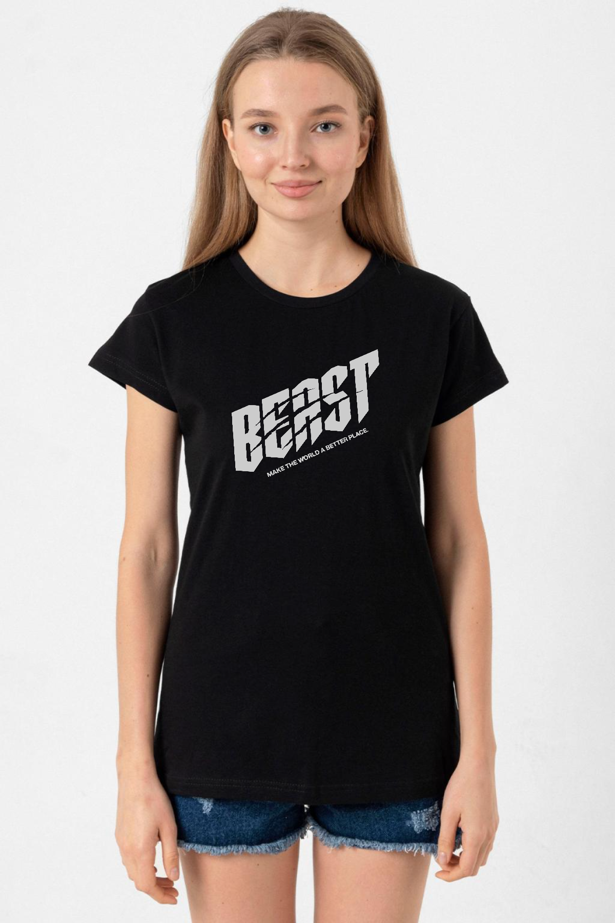 Mr Beast Make The World Siyah Kadın Tshirt