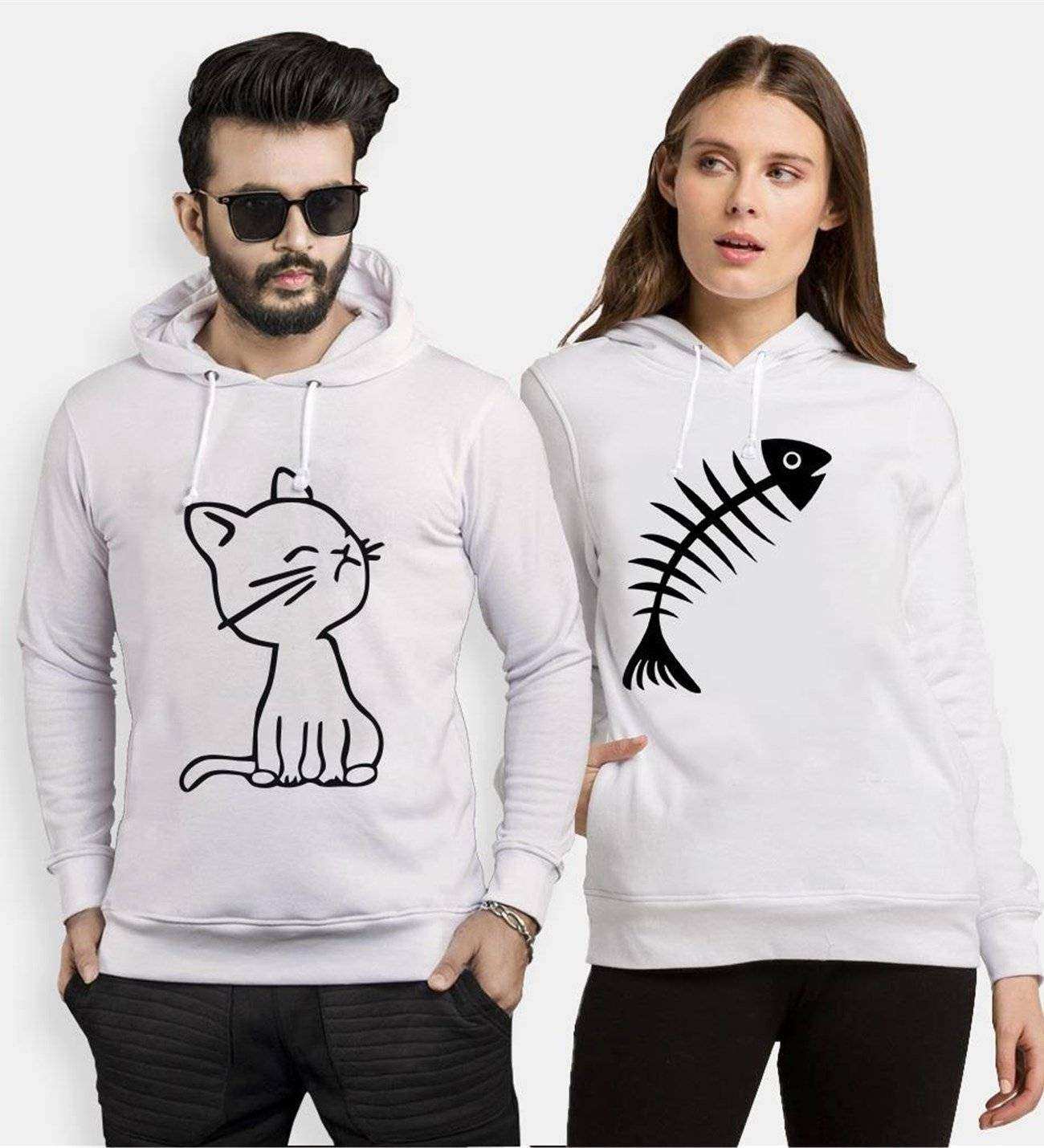 Tshirthane Kedi Ve Balık Cat Fish Sevgili Kombinleri Kapüşonlu Çift Kombini