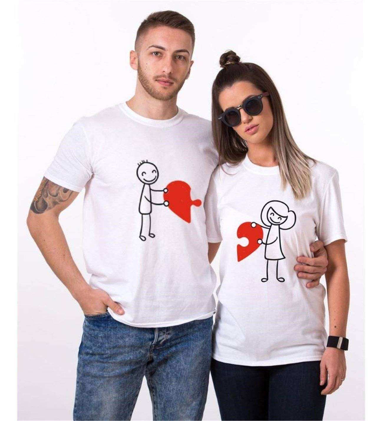 Tshirthane Puzzle Heart Sevgili Kombinleri Tshirt Çift Kombini