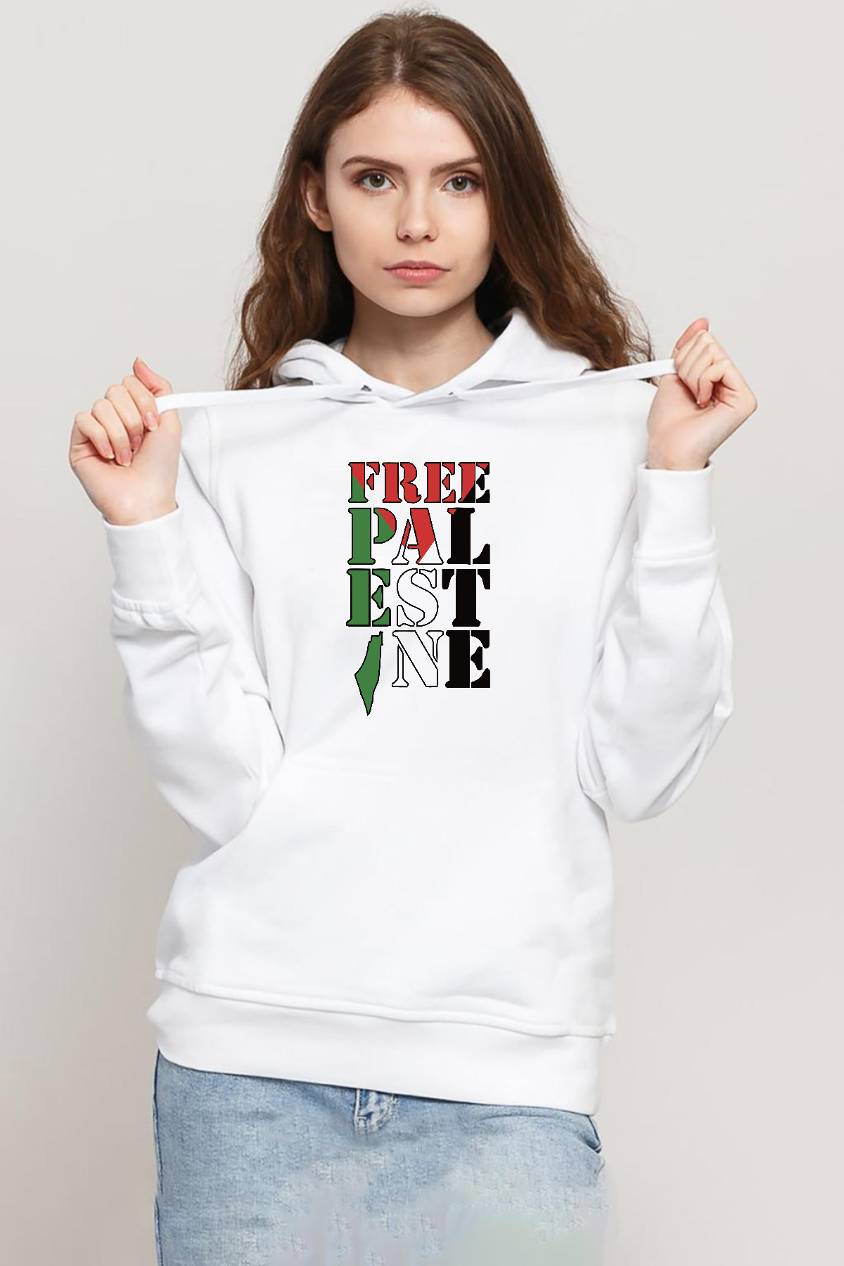 Free Palestine Beyaz Kadın 3ip Kapşonlu Sweatshirt
