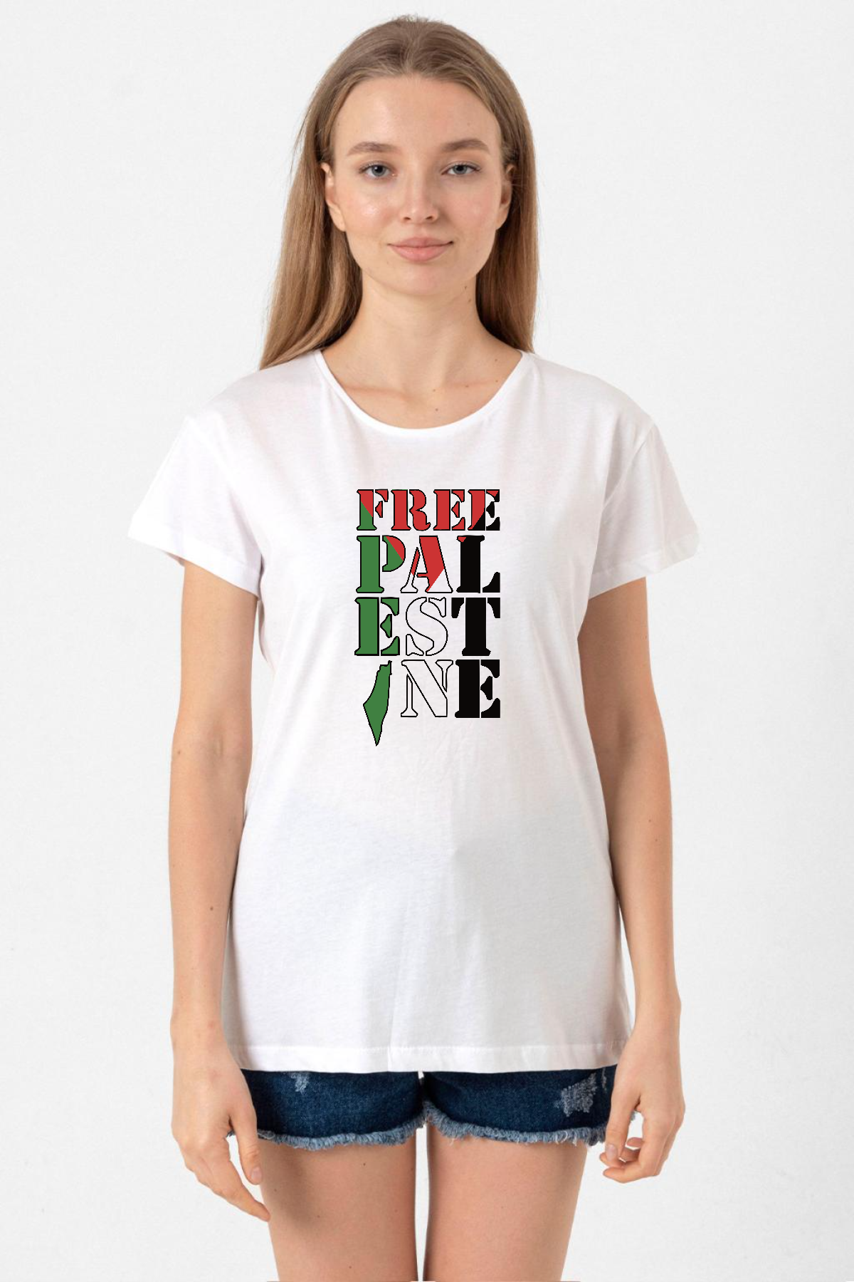 Free Palestine Beyaz Kadın Bisikletyaka Tshirt