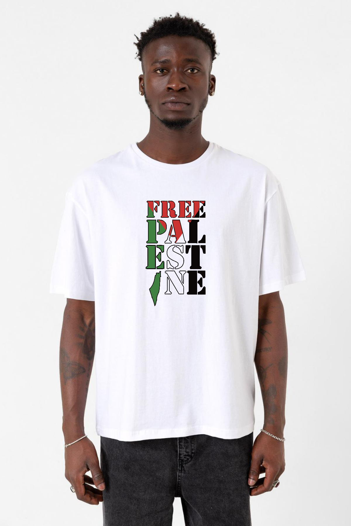 Free Palestine Beyaz Erkek Oversize Tshirt