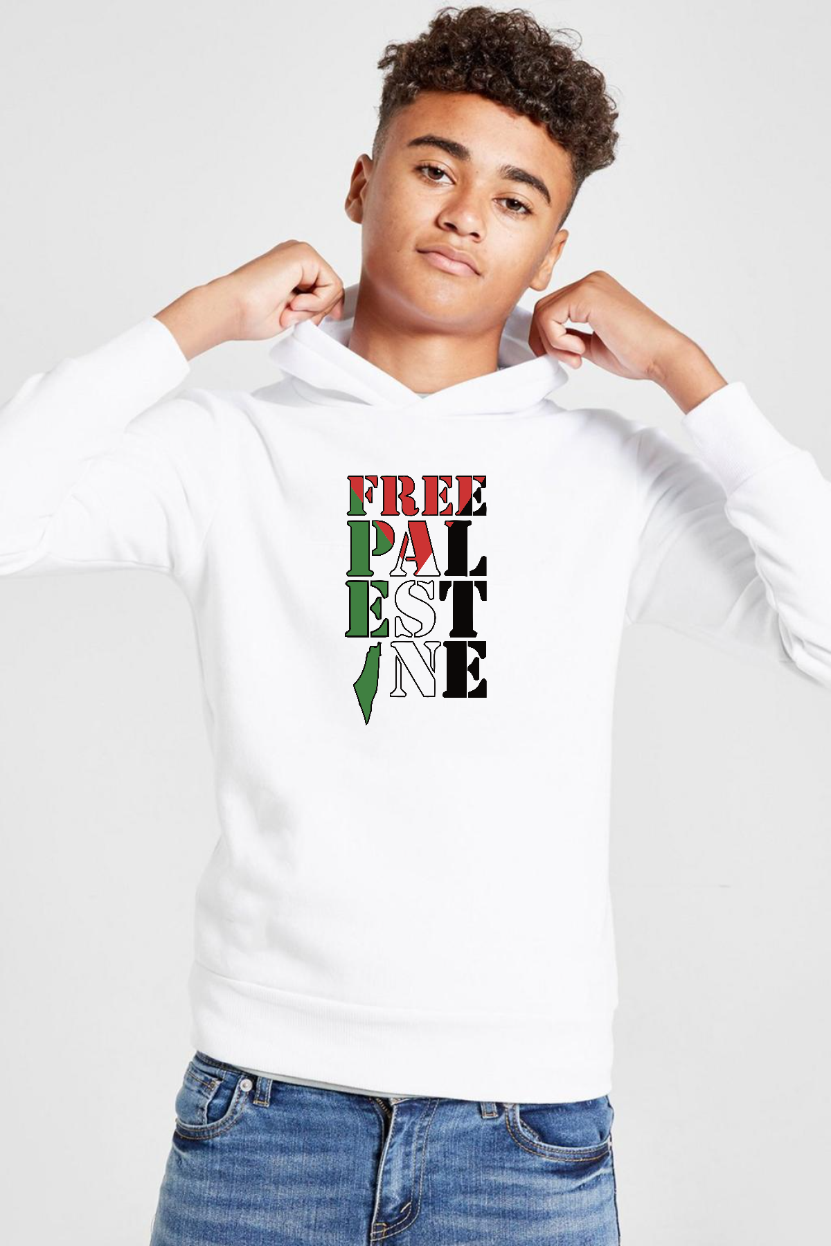 Free Palestine Beyaz Çocuk 3ip Kapşonlu  Sweatshirt