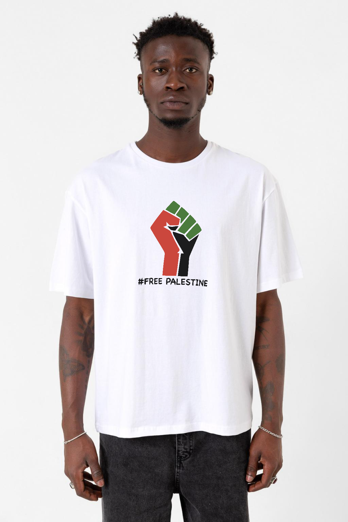 Hand Free Palestine Beyaz Erkek Oversize Tshirt