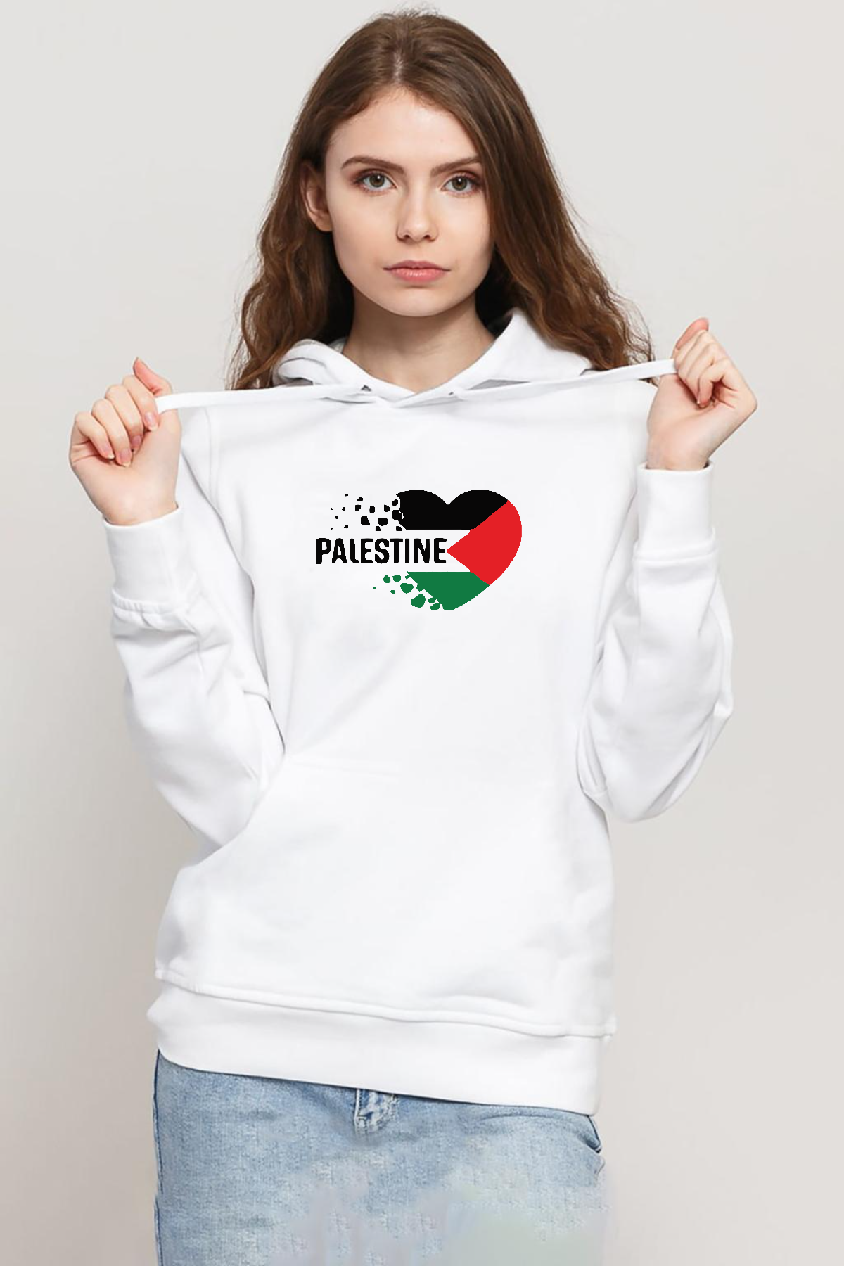 Heart Palestine Flag Beyaz Kadın 3ip Kapşonlu Sweatshirt
