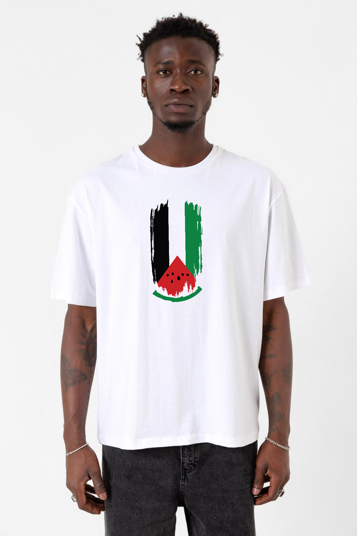 Watermelon Palestine Flag Beyaz Erkek Oversize Tshirt