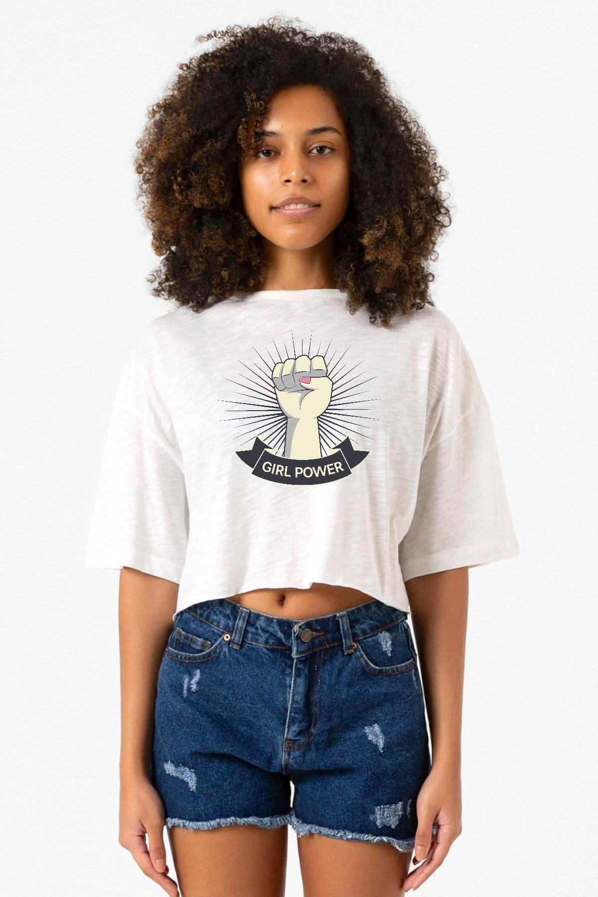 Girl Power Beyaz Kırçıllı Kadın Crop Tshirt