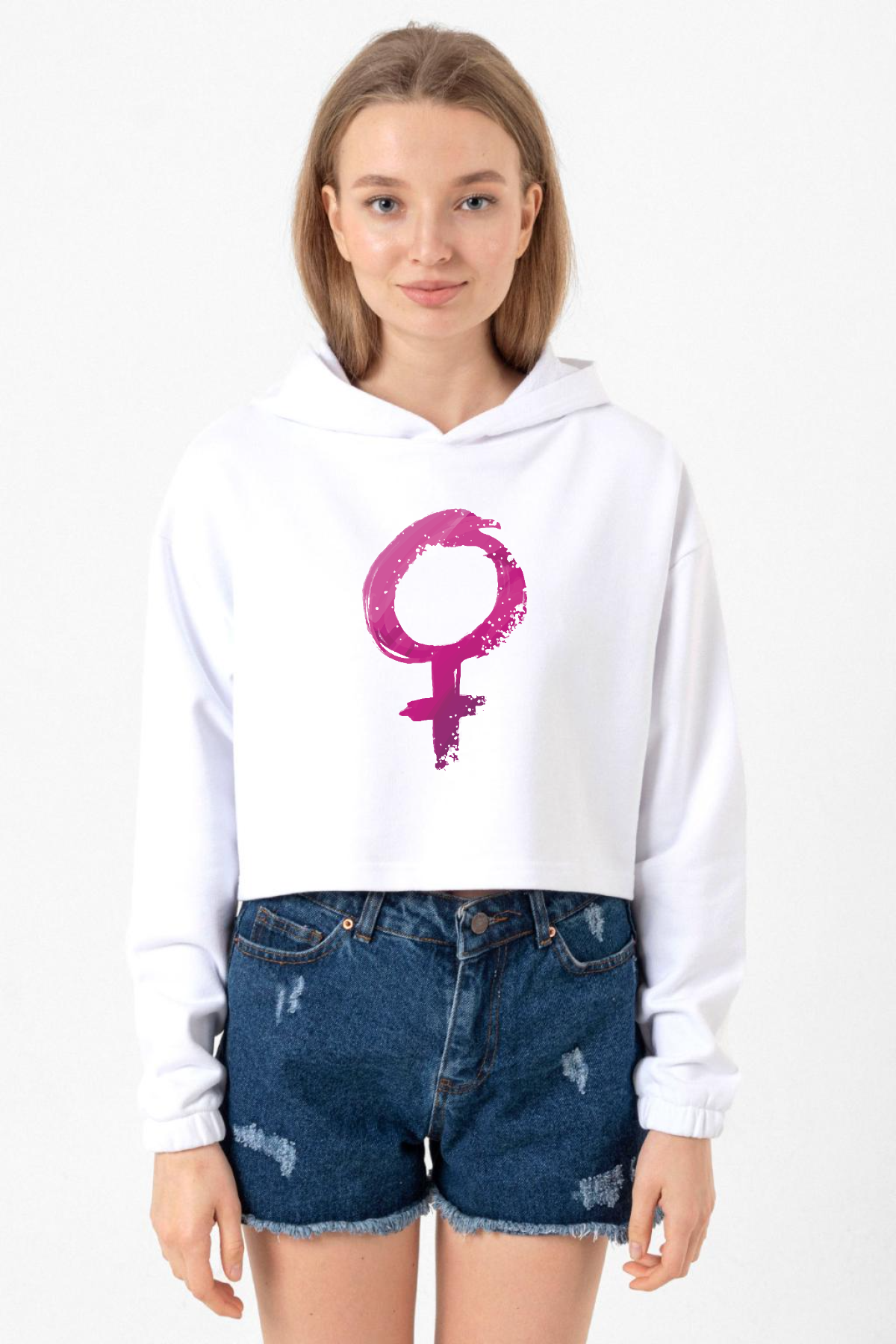 Purple Venus Symbol Beyaz Optik Kadın Crop Kapşonlu