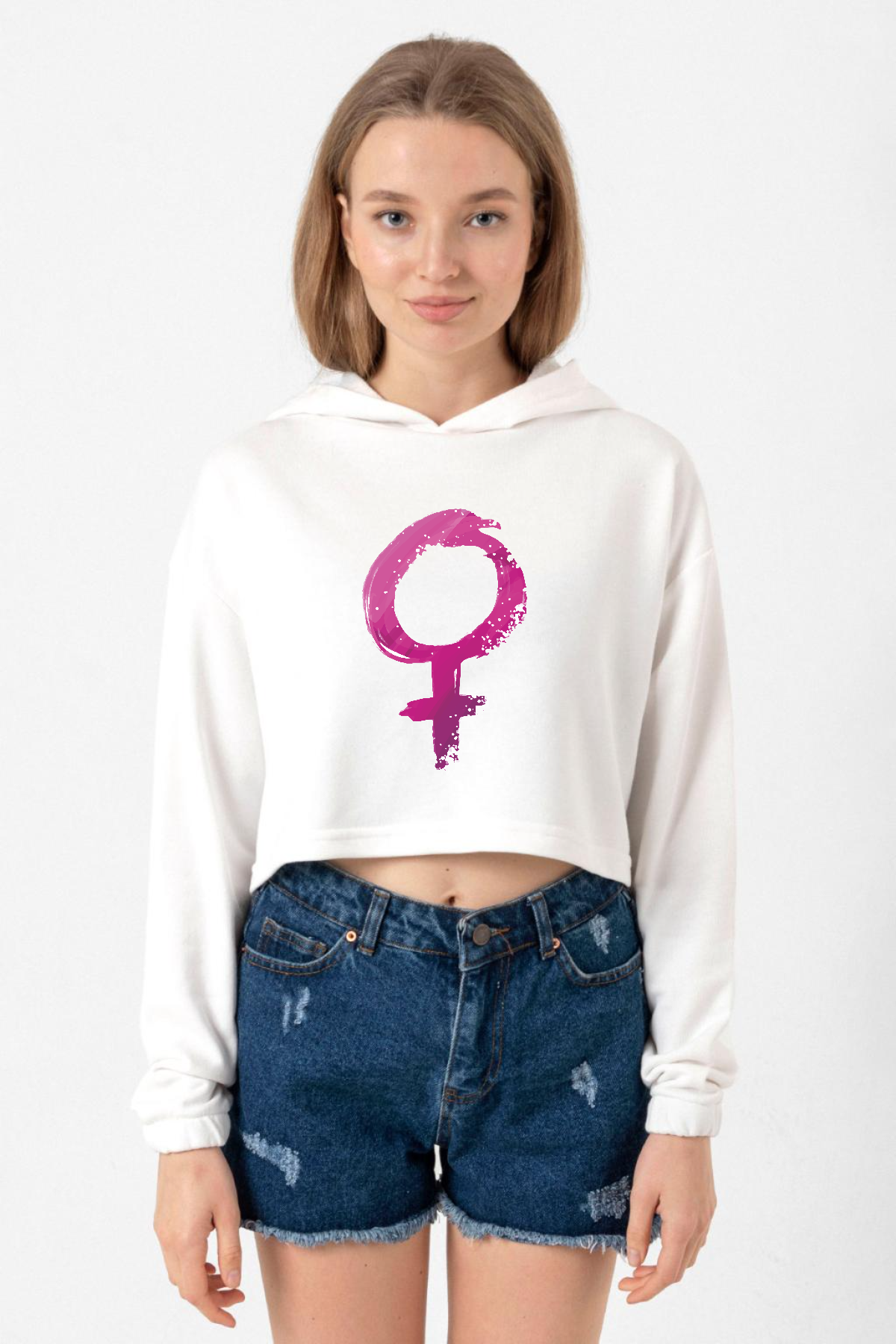Purple Venus Symbol Ekru Kadın Crop Kapşonlu