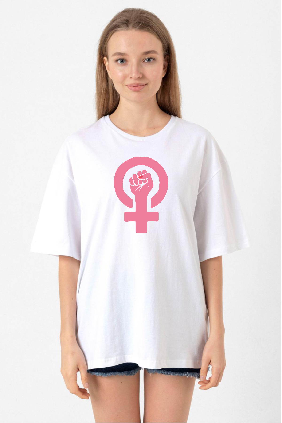 Pink Venus Symbol Hand Beyaz Kadın Oversize Tshirt