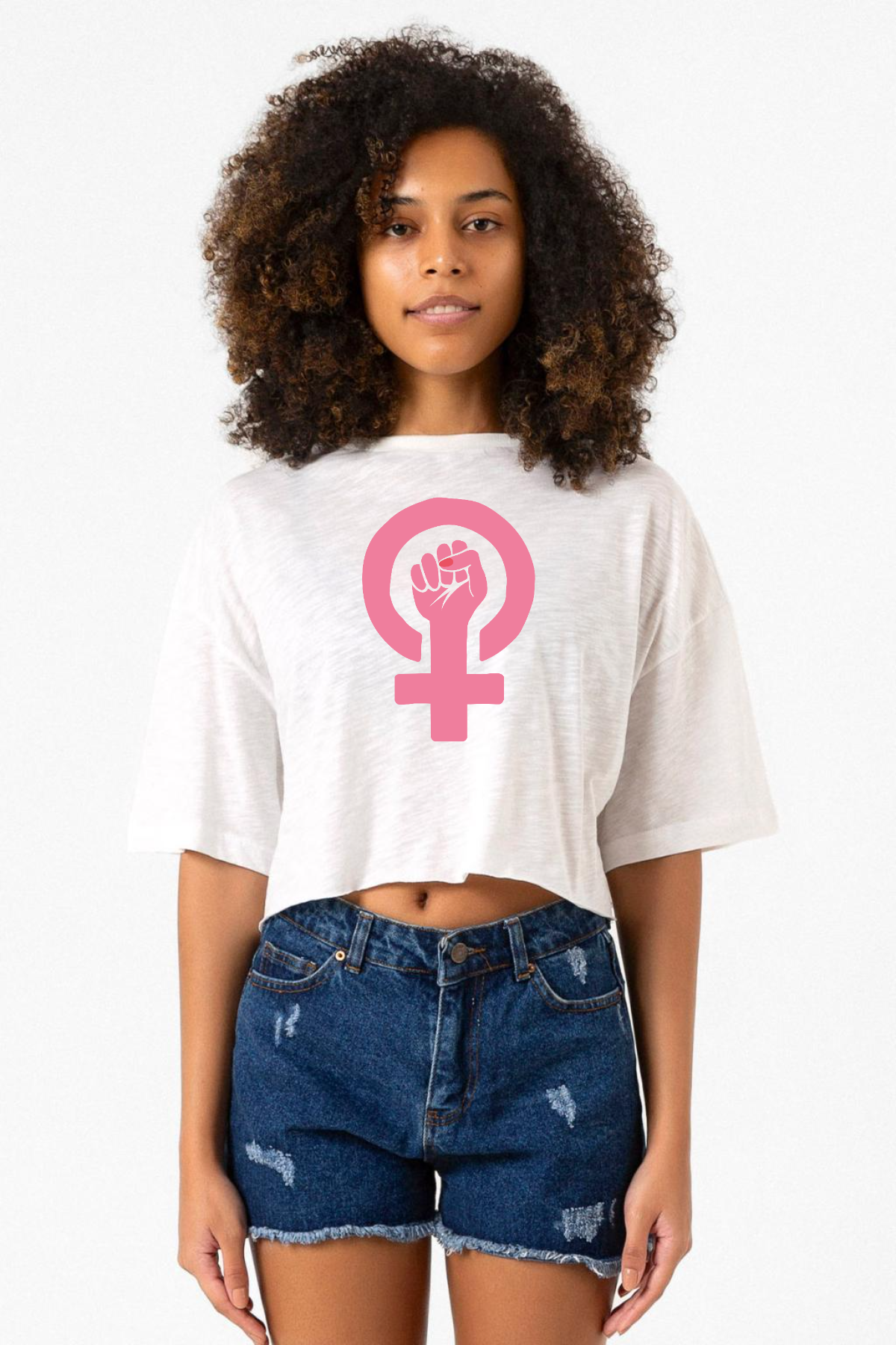 Pink Venus Symbol Hand Beyaz Kırçıllı Kadın Crop Tshirt