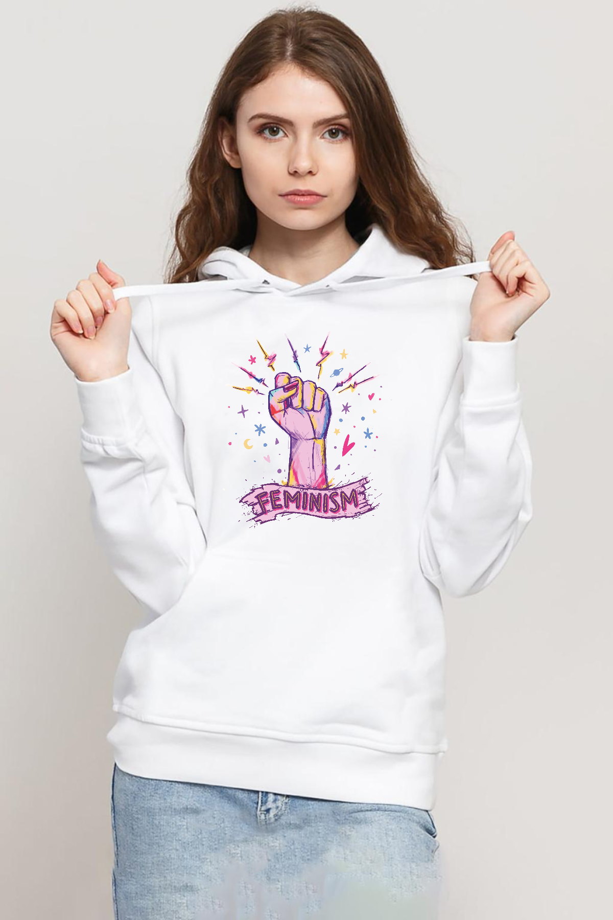 Colorful Feminism Hand Beyaz Kadın 3ip Kapşonlu Sweatshirt