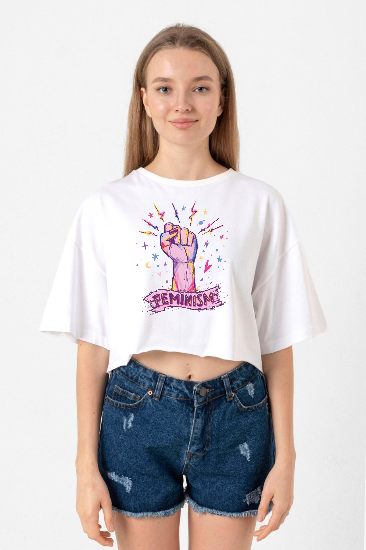 Colorful Feminism Hand Beyaz Kadın Crop Tshirt