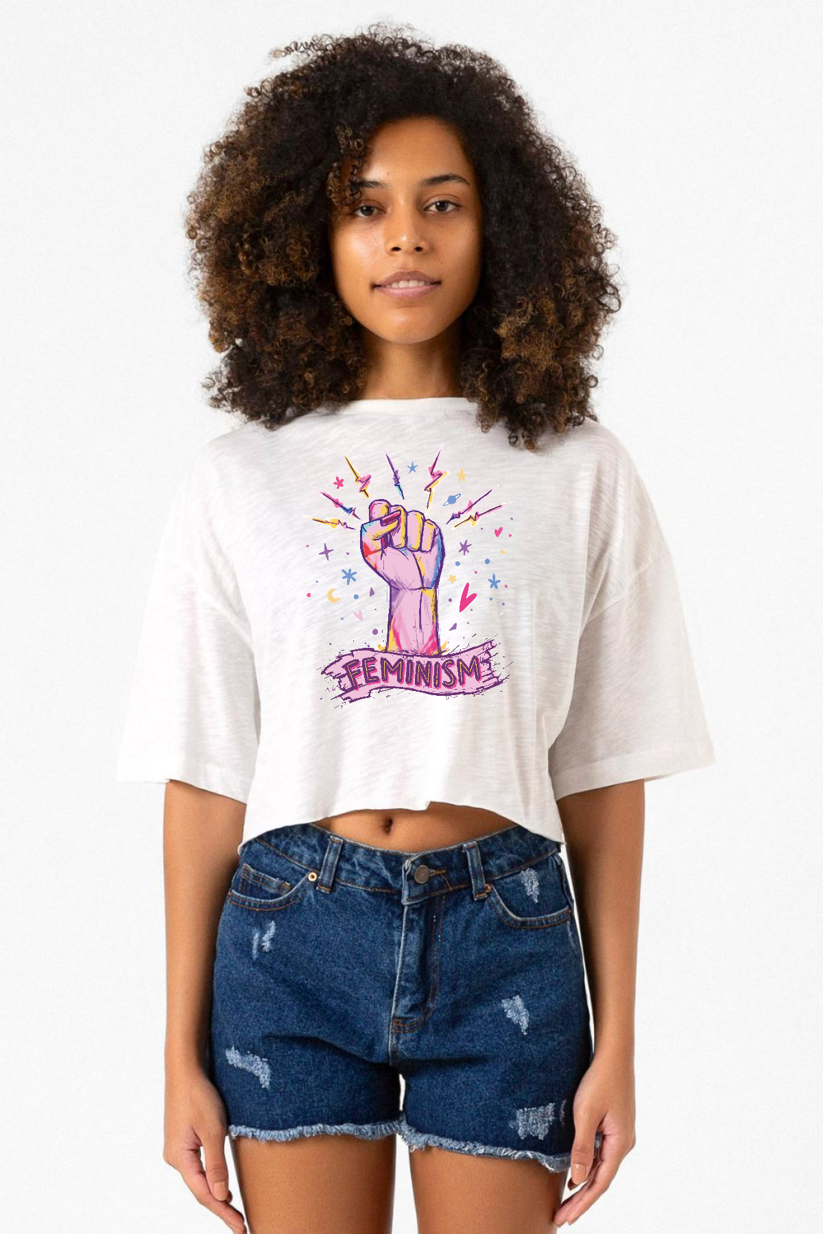 Colorful Feminism Hand Beyaz Kırçıllı Kadın Crop Tshirt