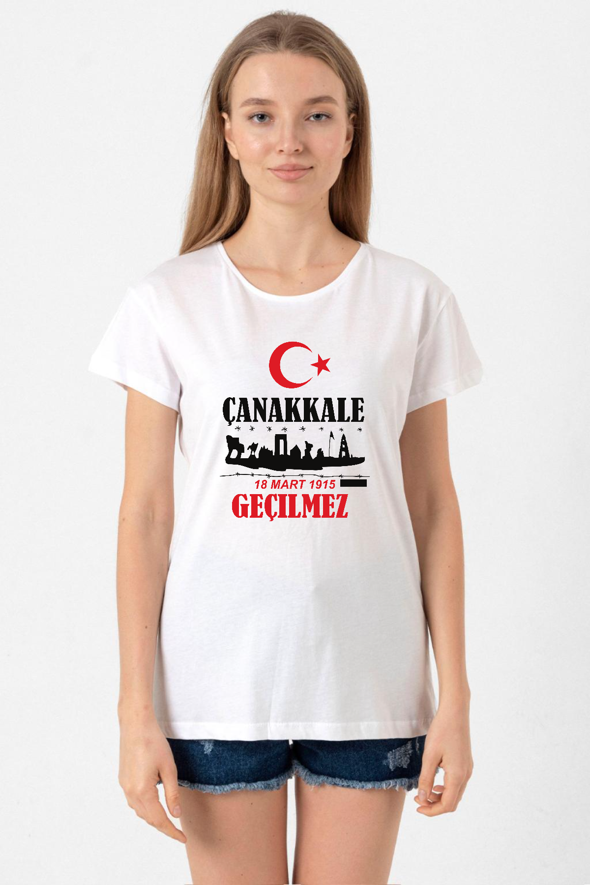 18 Mart Çanakkale Geçilmez Beyaz Kadın Bisikletyaka Tshirt