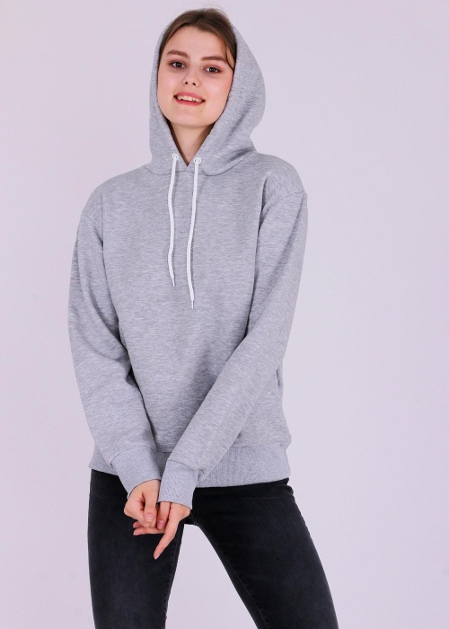 Gri Basic Oversize Kadın Kapüşonlu Hoodie 3 iplik Sweatshirt