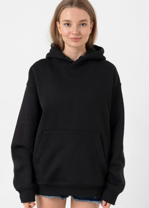 Siyah Kadın Kanguru Cepli Basic Kapşonlu