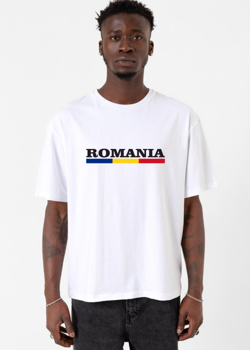 Romania Flag Lettern Beyaz Erkek Oversize Tshirt