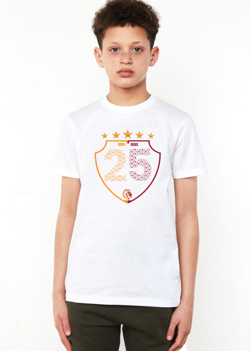 25 Şampiyonluk Shield Beyaz Çocuk Bisikletyaka Tshirt