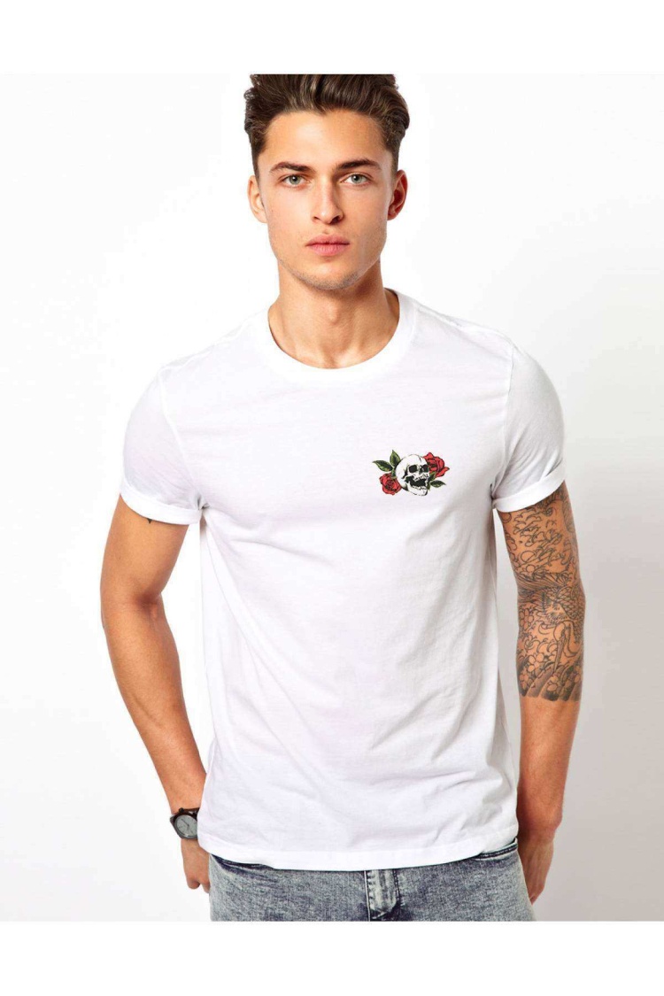 Kuru Kafa Rose Erkek Baskılı Beyaz Tshirt