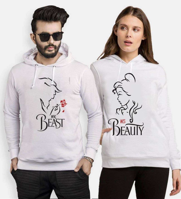 Tshirthane Beast Beauty Gül Sevgili Kombinleri Kapüşonlu Kombini