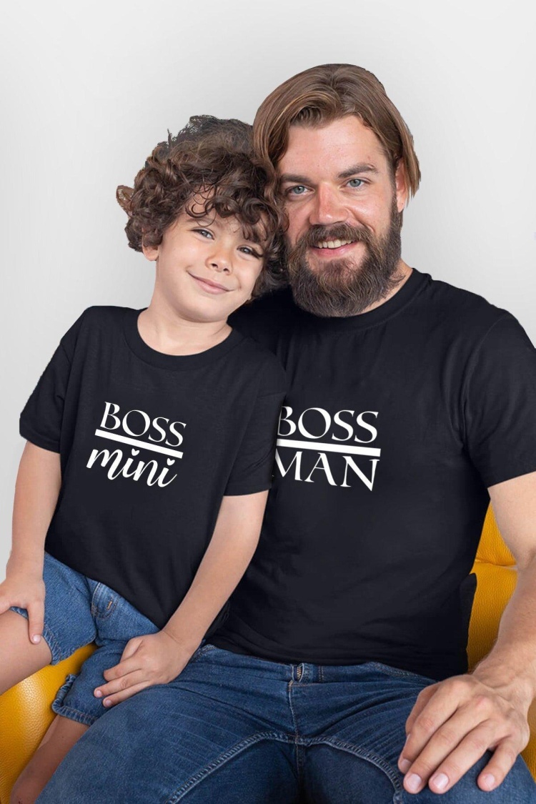 Boss Man Boss Mini Siyah Baba Oğul Kız Tişört Zıbın Kombini