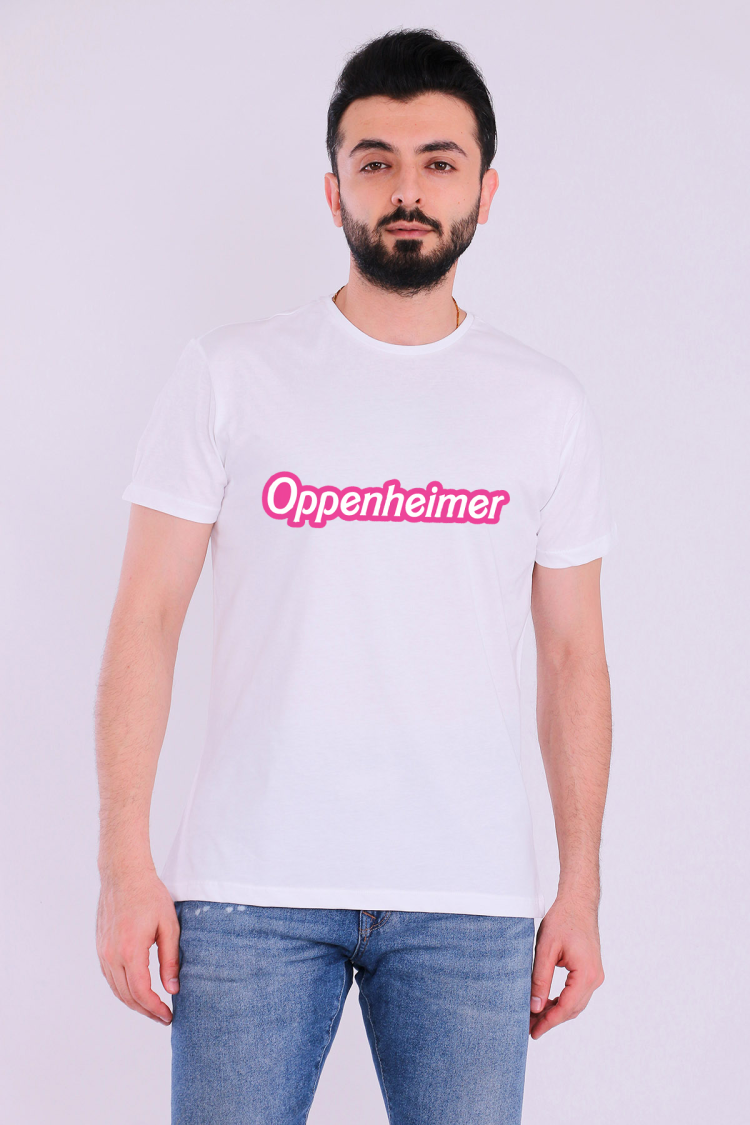 Oppenheimer Barbie Yazılı Beyaz Kısakol Erkek Tshirt
