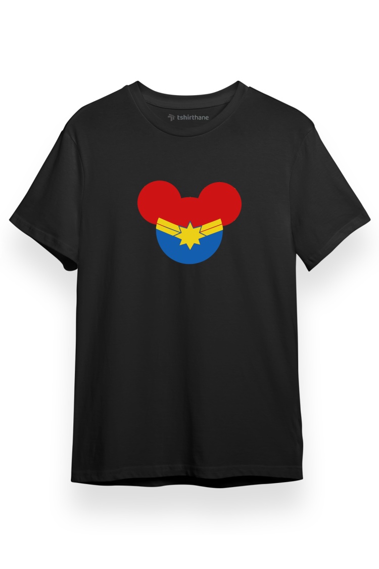 Captian Marvel Mouse Head Siyah Kısa kol Erkek Tshirt