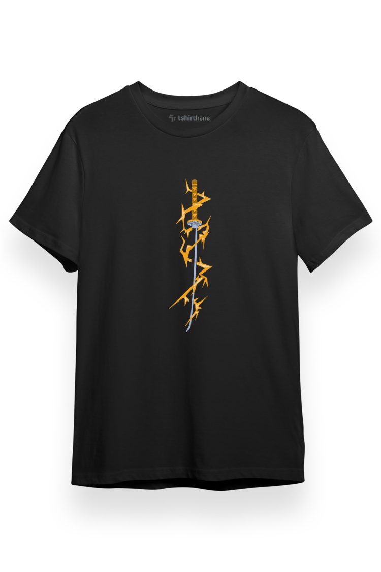 Demon Slayer Anime Demon Killer Thunder Katana Siyah Kısa kol Erkek Tshirt