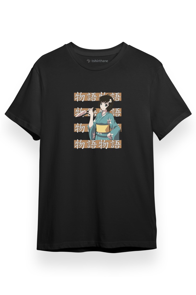 Monogatari Anime Tsukihi Araragi Lettern Poster Siyah Kısa kol Erkek Tshirt