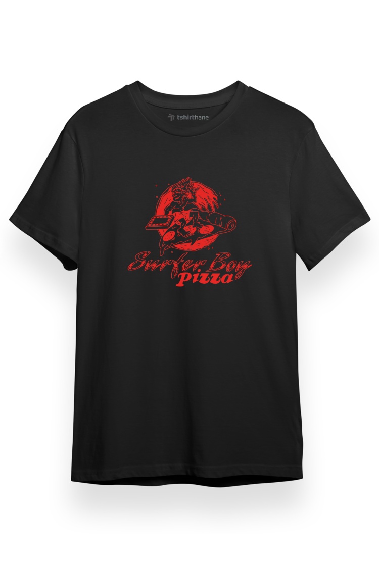 Stranger Things Surferboy Pizza Siyah Kısa kol Erkek Tshirt