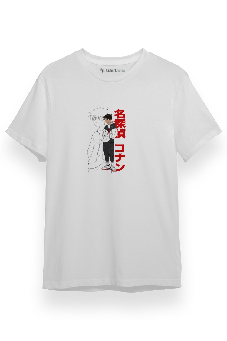 Detective Conan Anime Shinichi Kudo Beyaz Kısa kol Erkek Tshirt