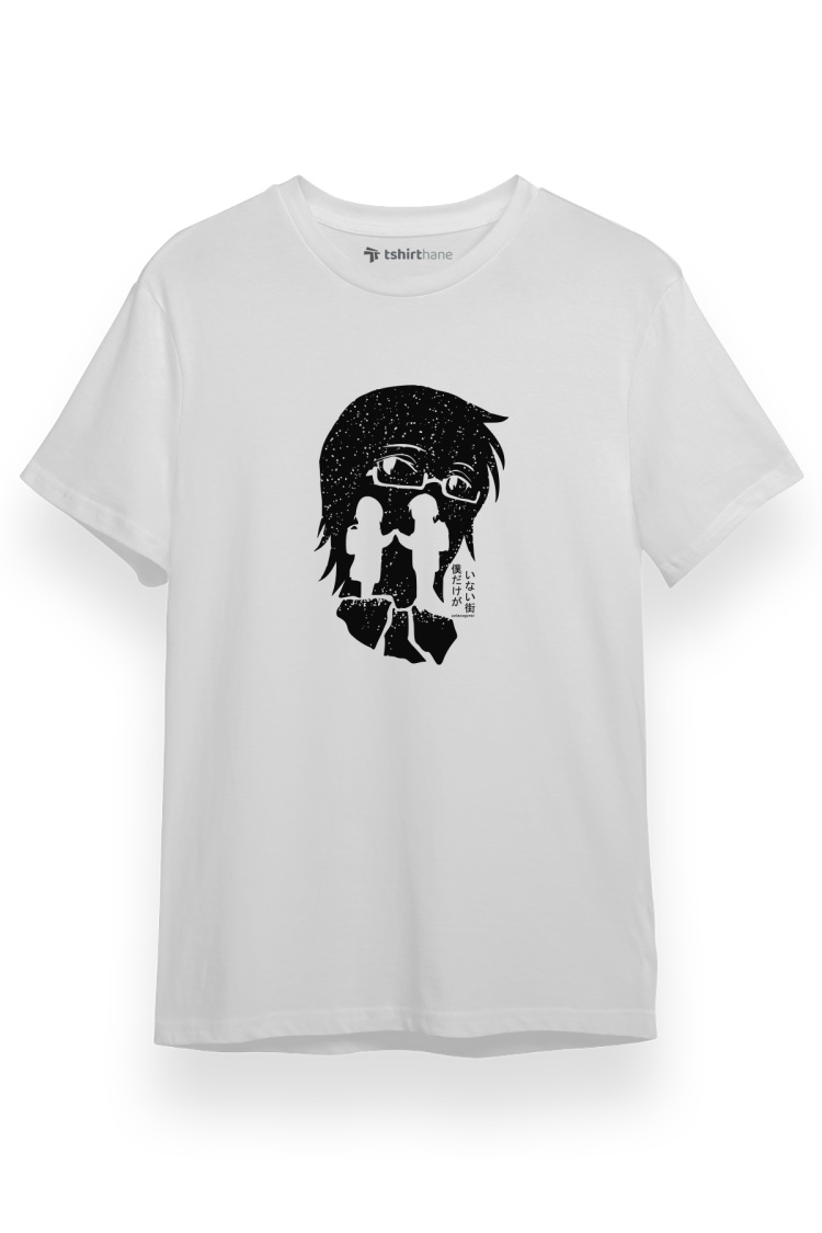 Erased Anime Black White Silhoette Beyaz Kısa kol Erkek Tshirt
