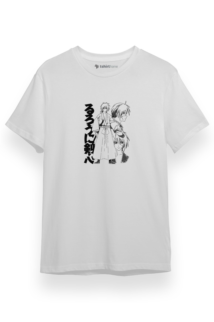 Rurouni Kenshin Black White Art Beyaz Kısa kol Erkek Tshirt