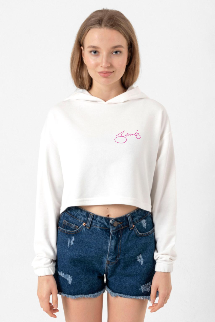 Blackpink Jennie Signature Ekru Kadın Crop Kapşonlu