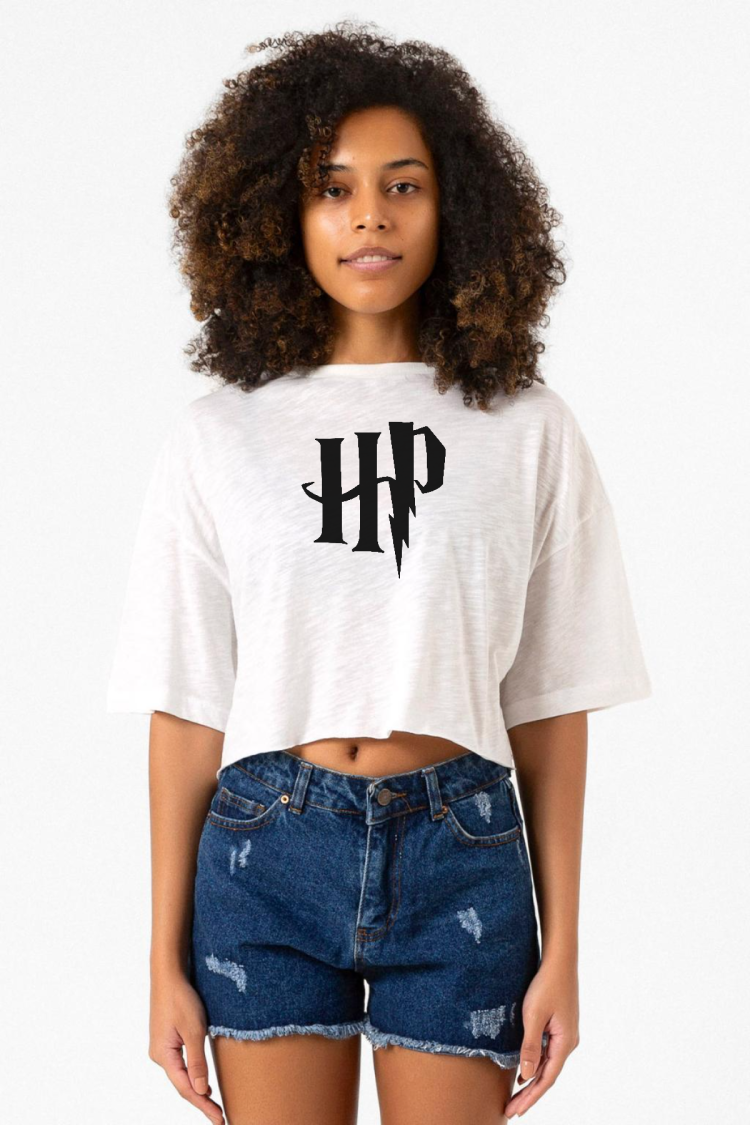 HP Logo Beyaz Kırçıllı Kadın Crop Tshirt