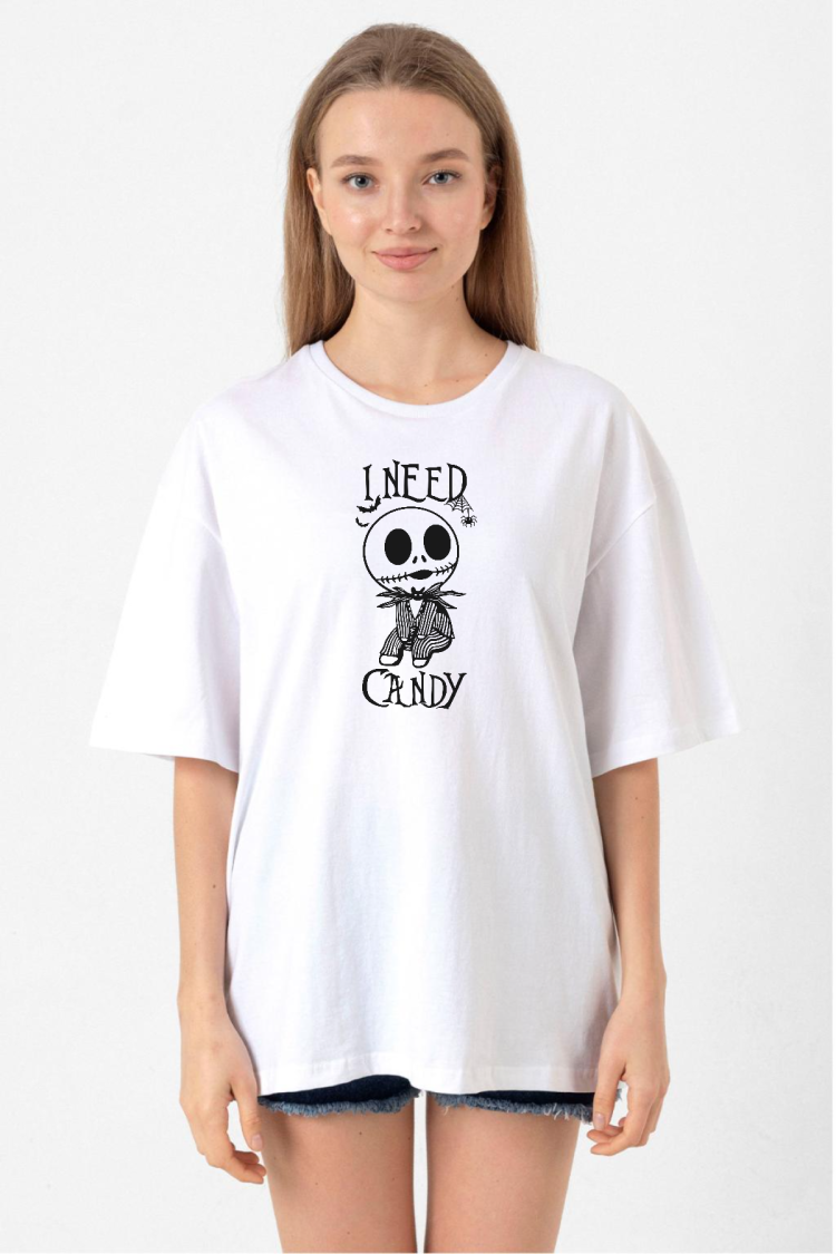 Jack Skellington I Need Candy Beyaz Kadın Oversize Tshirt