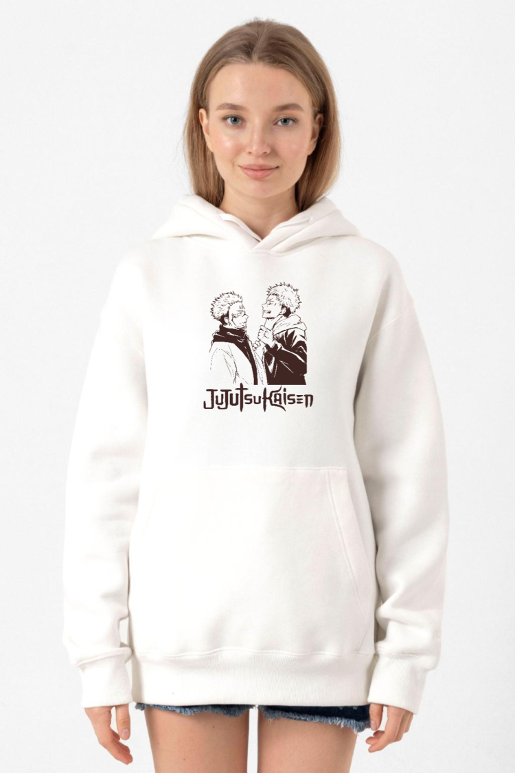Jujutsu Kaisen Anime Long Beyaz Kadın 3ip Kapşonlu Sweatshirt