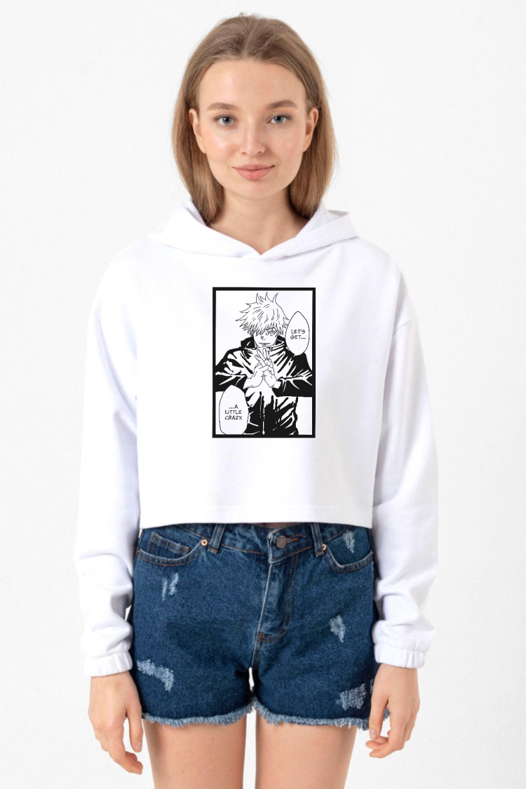 Jujutsu Kaisen Anime Satoru Gojo Lets Get A Little Crazy Beyaz Optik Kadın Crop Kapşonlu