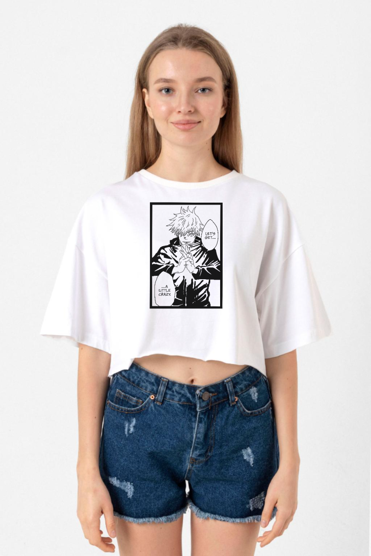 Jujutsu Kaisen Anime Satoru Gojo Lets Get A Little Crazy Beyaz Kadın Crop Tshirt
