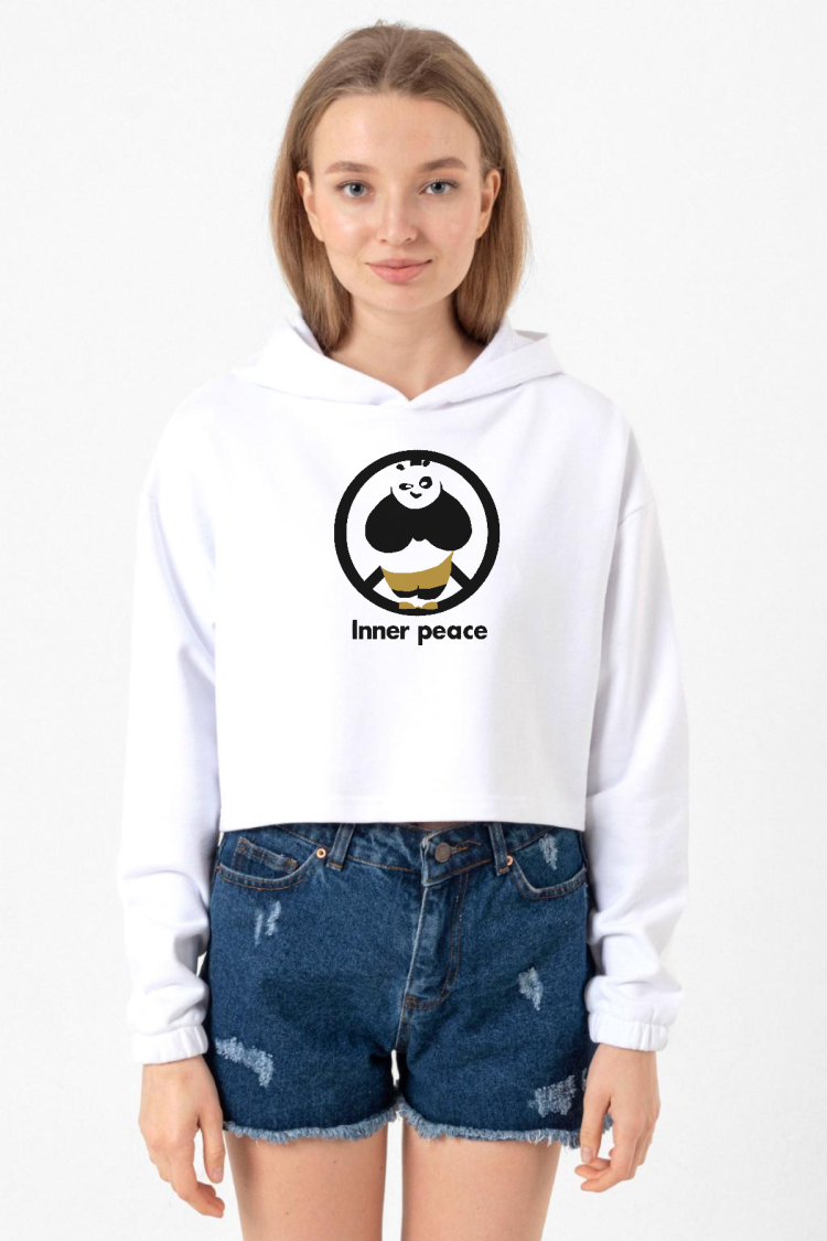 Kung Fu Panda Inner Peace Beyaz Optik Kadın Crop Kapşonlu