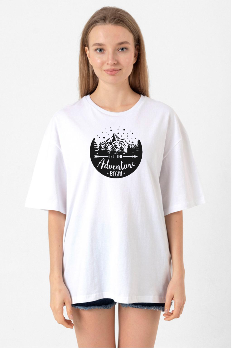Let The Adventure Begin Beyaz Kadın Oversize Tshirt