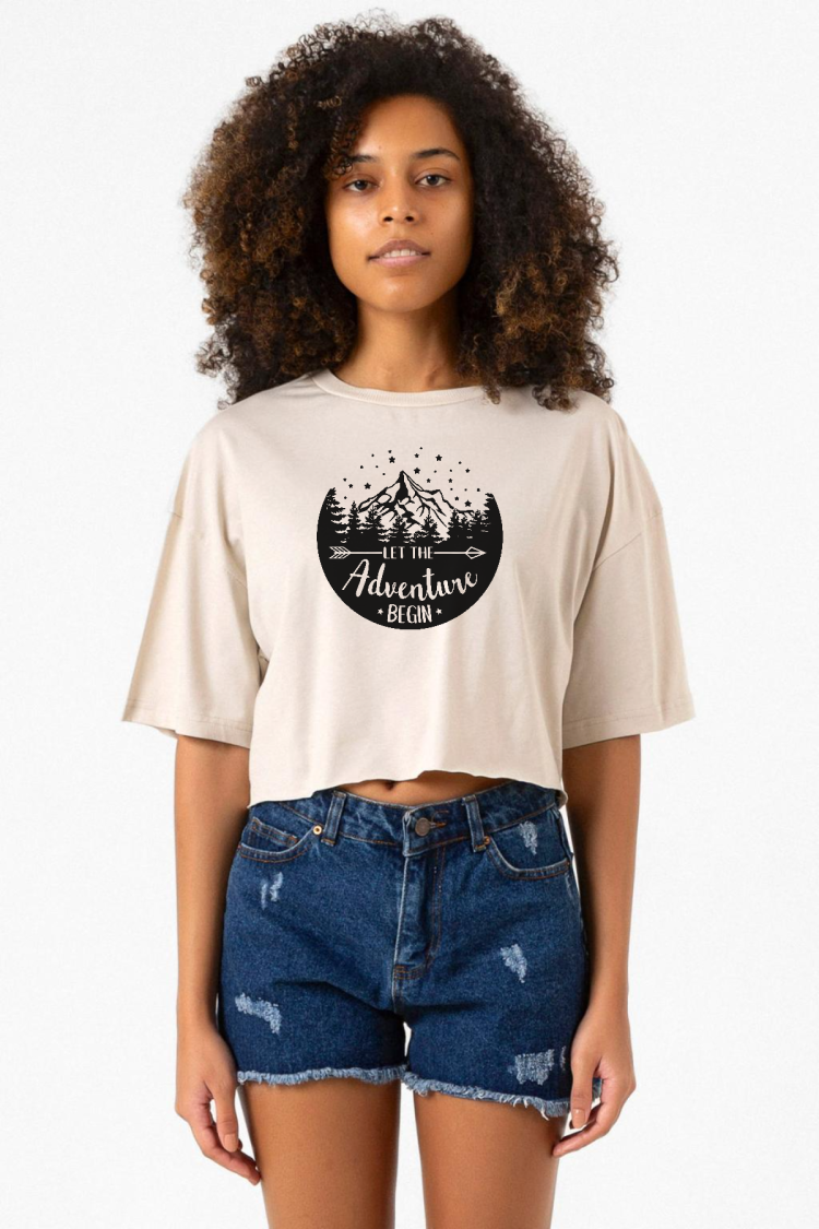 Let The Adventure Begin Bej Kadın Crop Tshirt