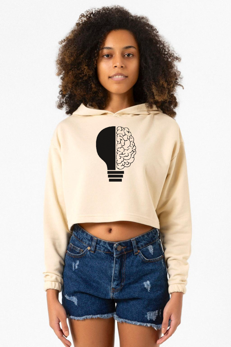 Lightbulb & Brain Bej Kadın Crop Kapşonlu