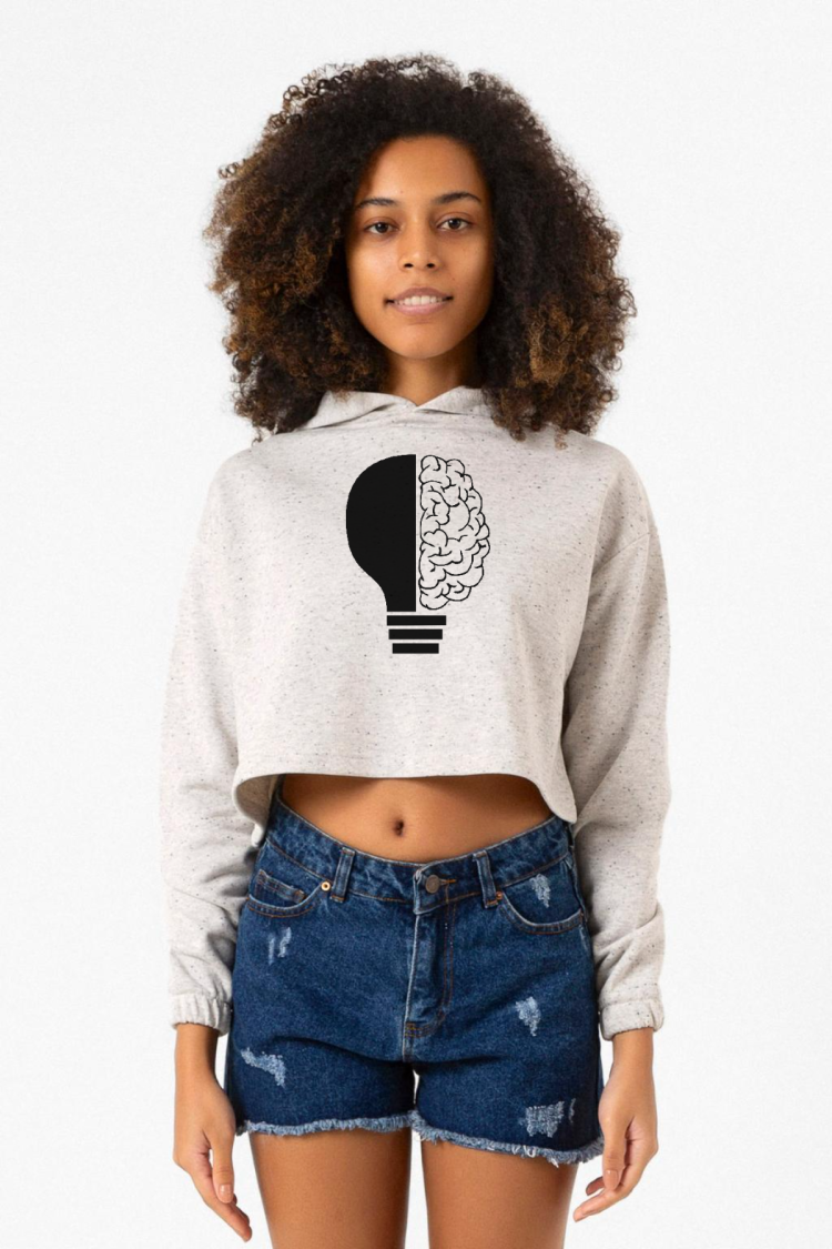 Lightbulb & Brain Beyaz Kırçıllı Kadın Crop Kapşonlu