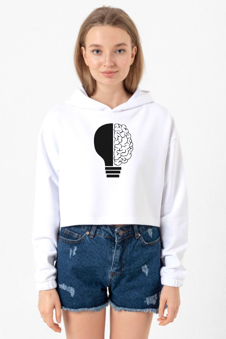 Lightbulb & Brain Beyaz Optik Kadın Crop Kapşonlu