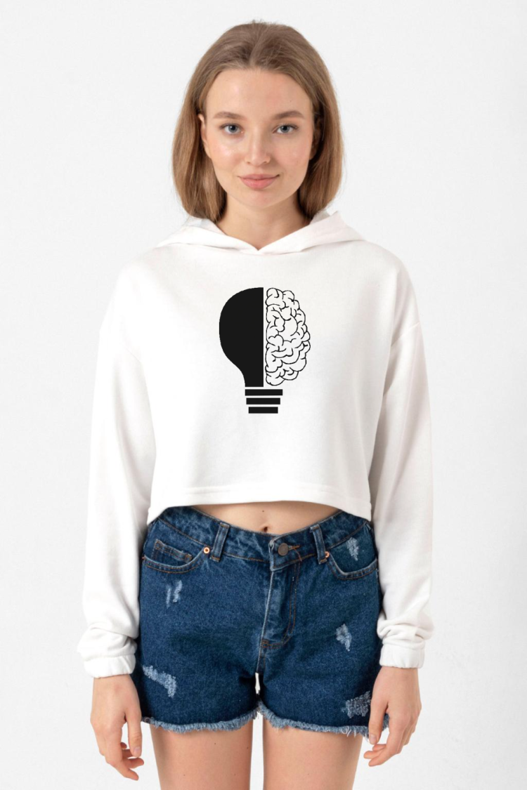 Lightbulb & Brain Ekru Kadın Crop Kapşonlu