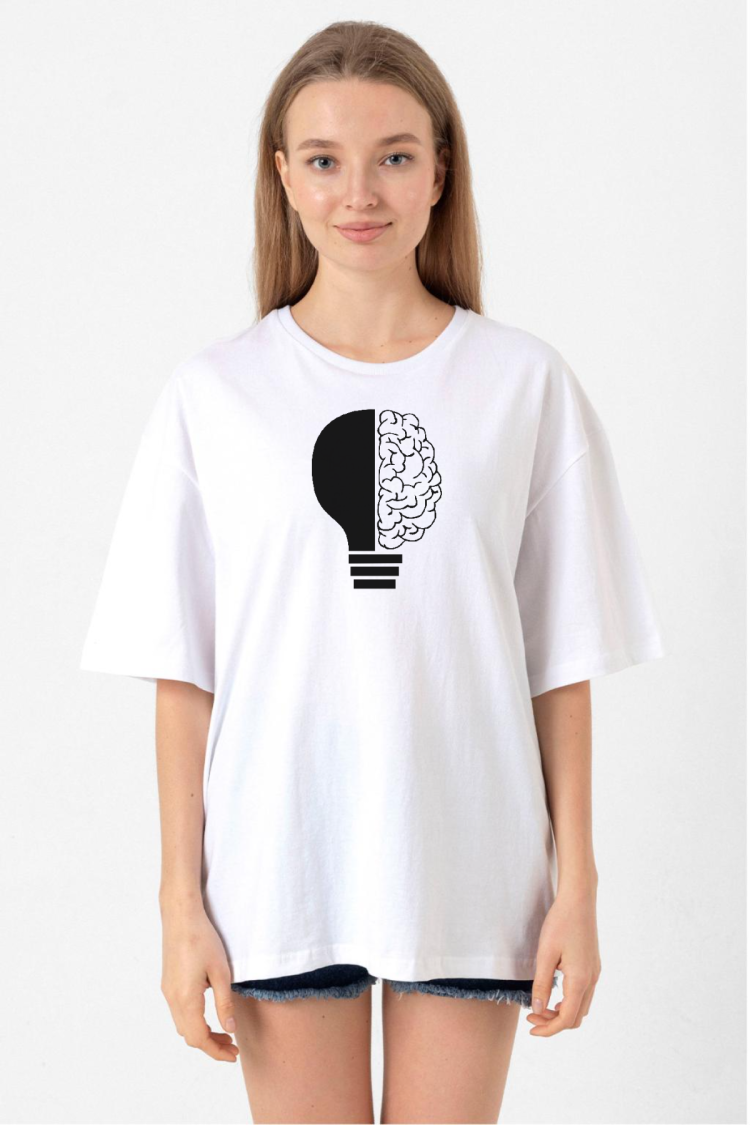 Lightbulb & Brain Beyaz Kadın Oversize Tshirt