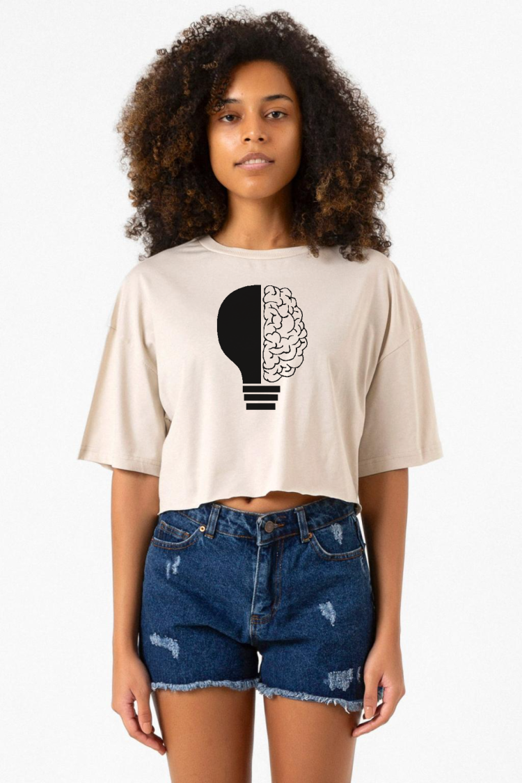 Lightbulb & Brain Bej Kadın Crop Tshirt