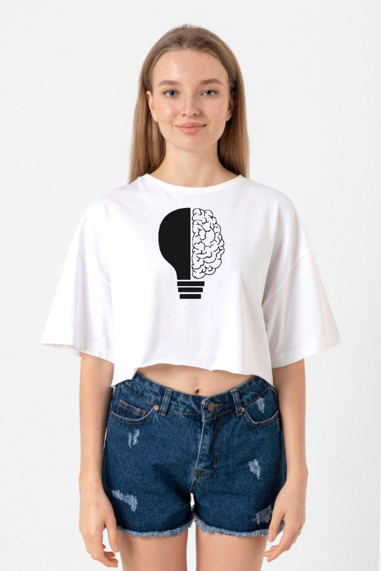 Lightbulb & Brain Beyaz Kadın Crop Tshirt